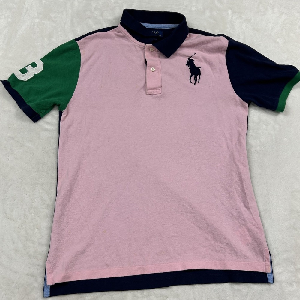 Polo Ralph Lauren Polo Shirt Boys XL 18-20 Pink Navy Big Pony Colorblock 1161